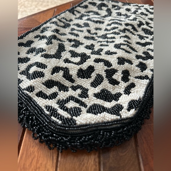Anthropologie Black & White Beaded Leopard Clutch with Pink Tassel - Picture 8 of 13